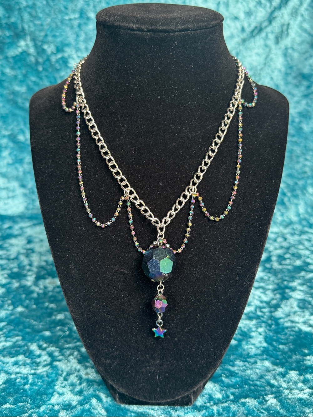 OOAK Handmaid Iridescent Black Beads and Star Pendant Necklace